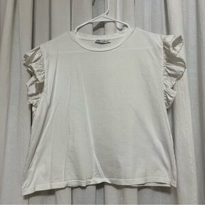 Zara white tee shirt with ruffle sleeves size small